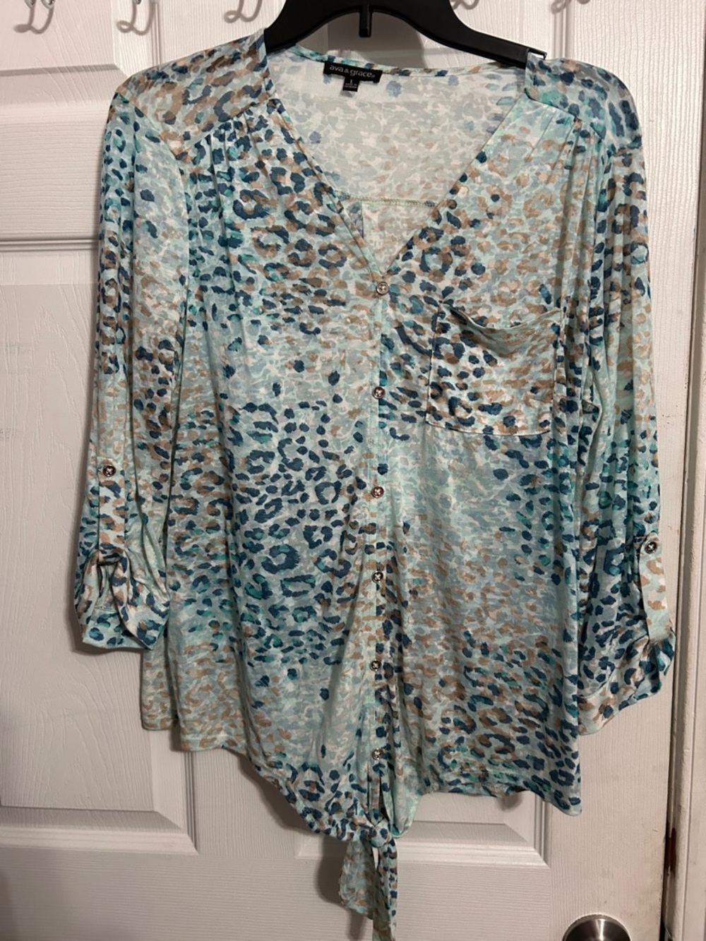 Ava & Grace Teal and Tan Leopard-Print Button Tie-Front Blouse